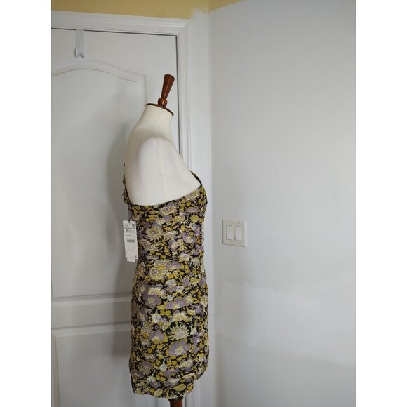 ZARA One Shoulder Mini Dress Draped  Floral Yellow Metallic Cocktail - Picture 8 of 11